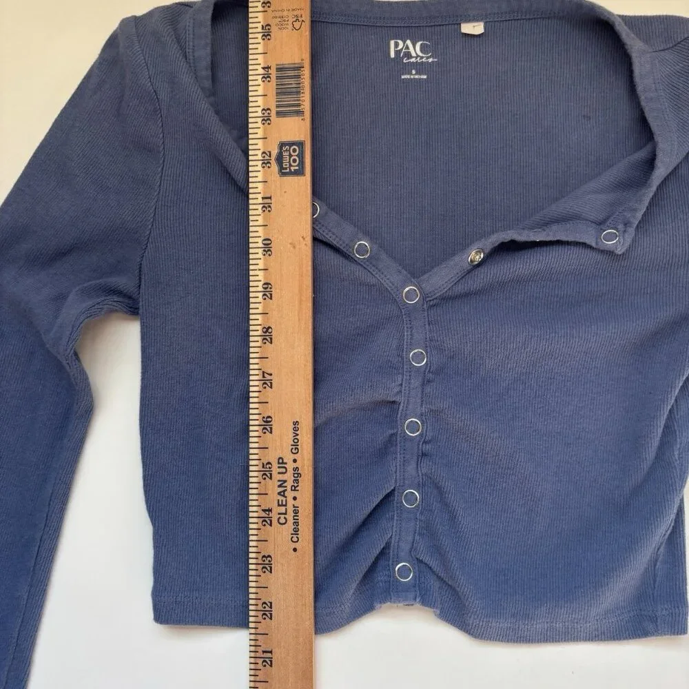 Y2K PAC Sun Blue Ribbed Snap Button Long Sleeve Crop Top Henley Shirt Sz Small